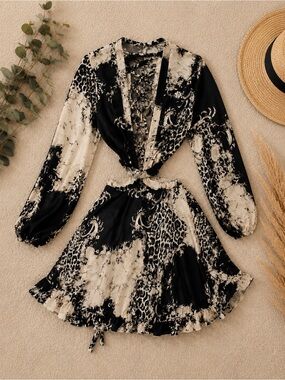 Black & Cream Lace-Up Tie-Front Mini Dress with Ruffle Hem
